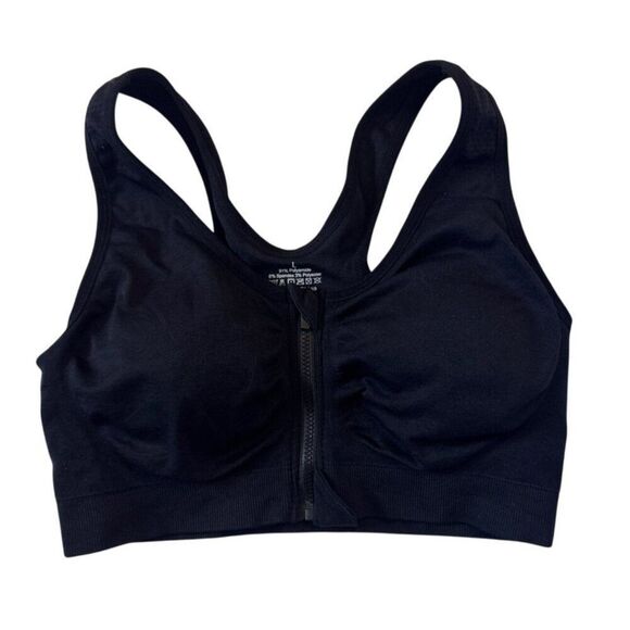 Black Sports Bra With Front Zipper Closure L Polyamide & Spandex Blend Breathabl - Picture 1 of 6